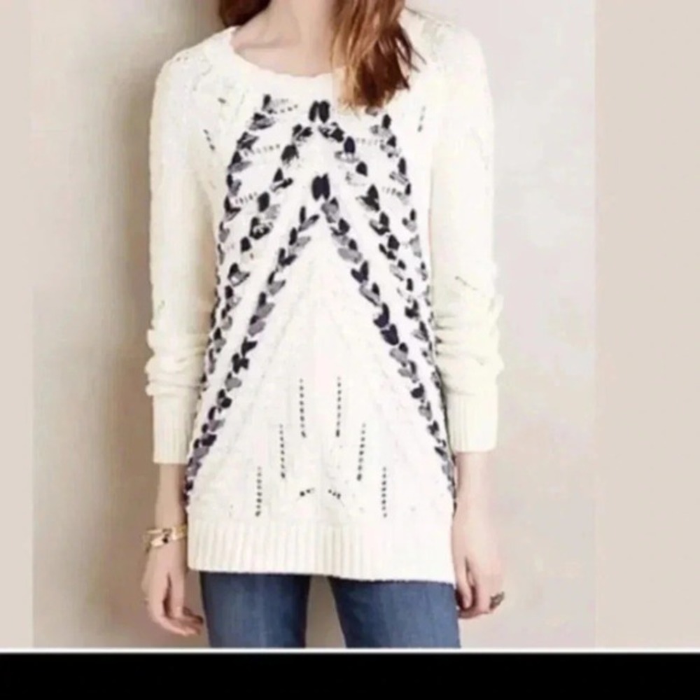 Knitted & Knotted Anthropologie Cream Cable Knit Chevron Sweater Petite Medium